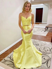 Two Pieces Mermaid Yellow Prom Dresses, Formal Evening Dresses