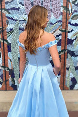 Light Blue 3D Flowers Long Prom Dresses, Off-Shoulder Long Graduation Dresses