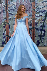 Light Blue 3D Flowers Long Prom Dresses, Off-Shoulder Long Graduation Dresses