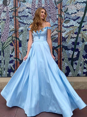 Light Blue 3D Flowers Long Prom Dresses, Off-Shoulder Long Graduation Dresses