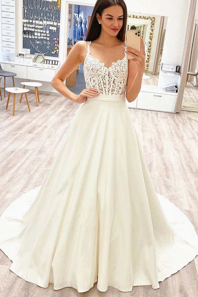 A-Line V-Neck Prom Evening Dresses, Lace Appliques Ivory Wedding Dresses