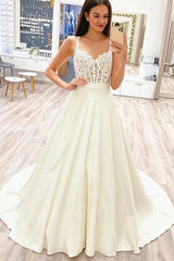 A-Line V-Neck Prom Evening Dresses, Lace Appliques Ivory Wedding Dresses