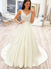 A-Line V-Neck Prom Evening Dresses, Lace Appliques Ivory Wedding Dresses