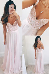 Baby Pink V-Neck Chiffon Long Prom Dress Evening Dress with Lace