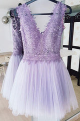 Cute A-Line V-Neck Lace Top Tulle Lilac Short Homecoming Dress