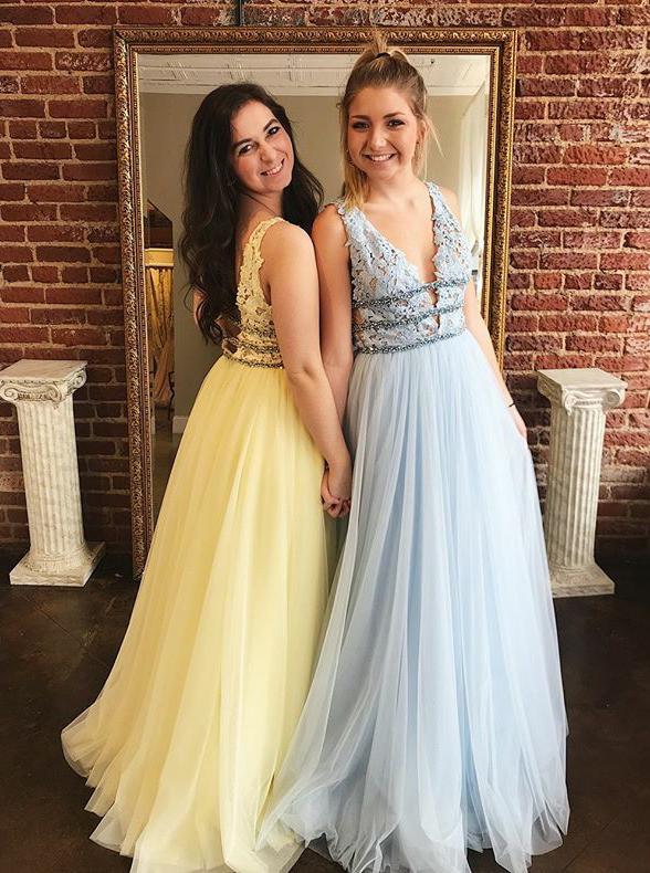 Lace Tulle A-Line Long Graduation Prom Dresses with Beading
