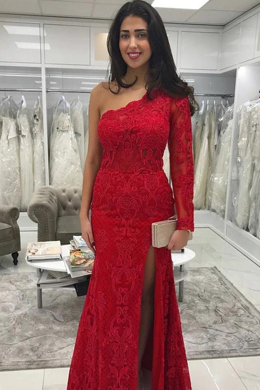 One Shoulder Long Sleeve Lace Mermaid Red Prom Dresses with Split