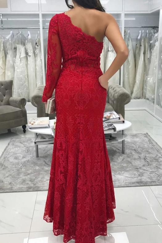 One Shoulder Long Sleeve Lace Mermaid Red Prom Dresses with Split