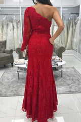 One Shoulder Long Sleeve Lace Mermaid Red Prom Dresses with Split