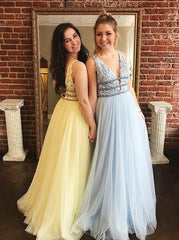 Lace Tulle A-Line Long Graduation Prom Dresses with Beading