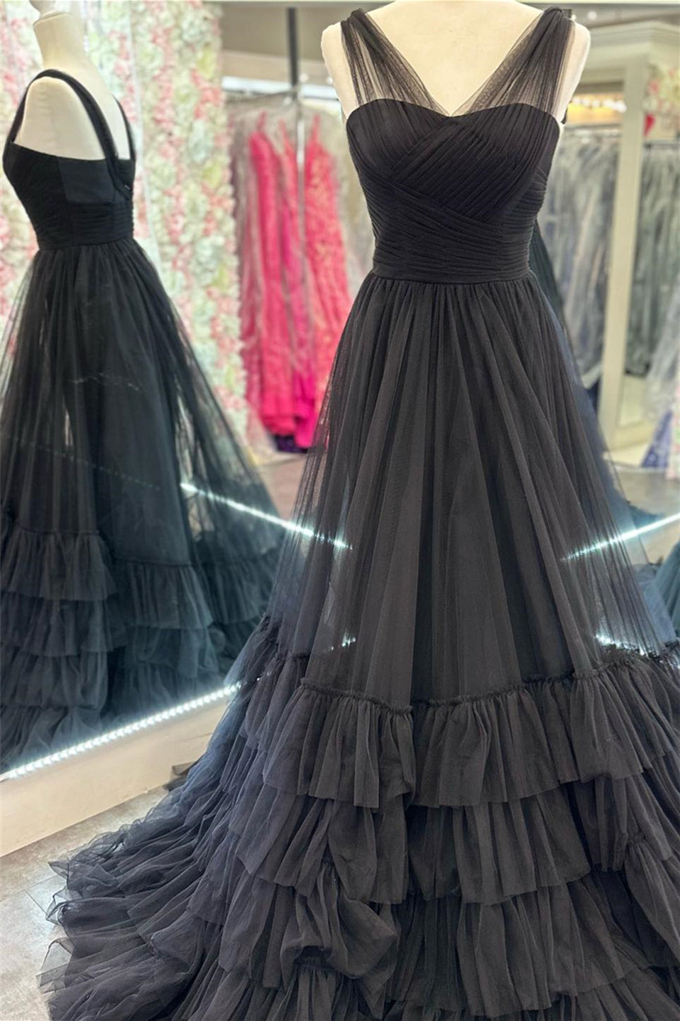 Layers Hot Pink Tulle Long Prom Dresses, Princess Formal Gown