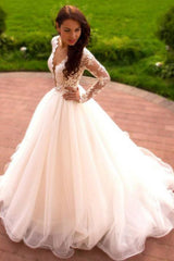 Ball Gown Long Sleeve Sheer Round Tulle Wedding Dress with Appliqued