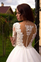 Ball Gown Long Sleeve Sheer Round Tulle Wedding Dress with Appliqued
