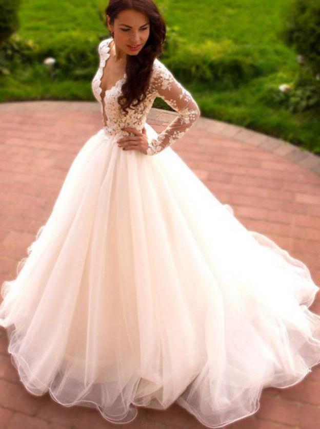 Ball Gown Long Sleeve Sheer Round Tulle Wedding Dress with Appliqued