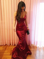 Sleek Mermaid Red Long Prom Dresses, Spaghetti Straps Evening Party Dresses