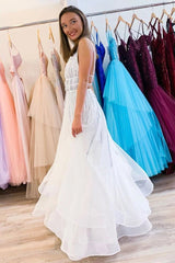 A-Line V-Neck Tulle Sequins Long Prom Dress, Backless Evening Dress