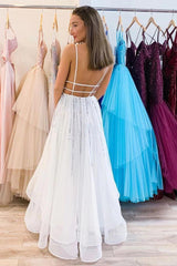 A-Line V-Neck Tulle Sequins Long Prom Dress, Backless Evening Dress