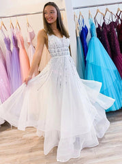 A-Line V-Neck Tulle Sequins Long Prom Dress, Backless Evening Dress