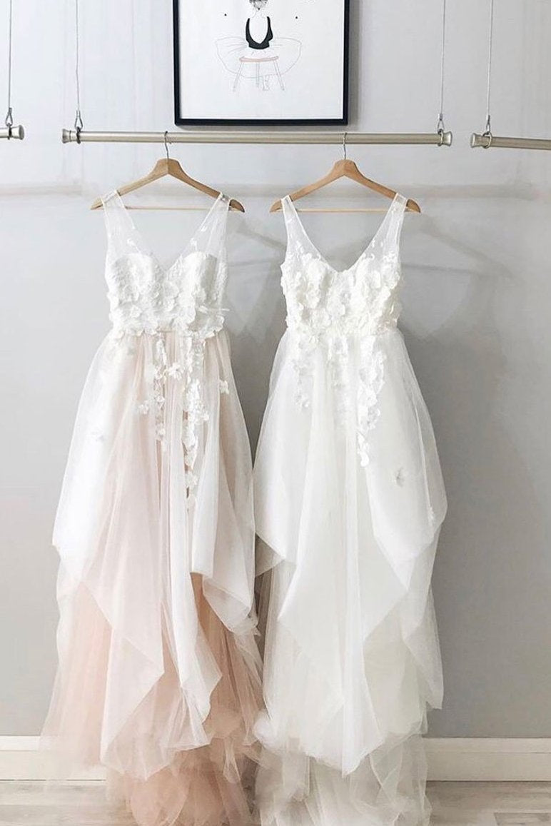 A-Line V-Neck Beach Wedding Dresses, Backless Bridal Gown with Appliques