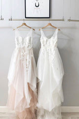 A-Line V-Neck Beach Wedding Dresses, Backless Bridal Gown with Appliques