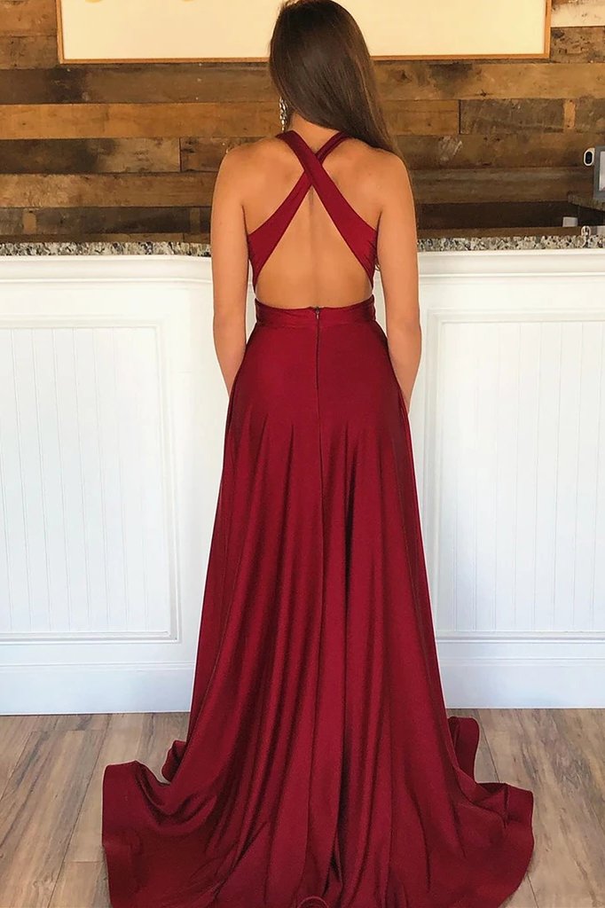 Burgundy V-Neck Long Prom Dress, Backless Formal Evening Dress