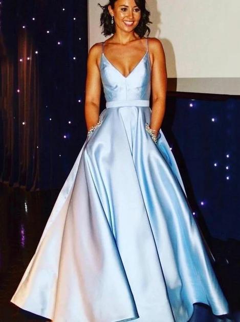 Satin A-Line Light Sky Blue Long Prom Dresses with Beaded Pockets
