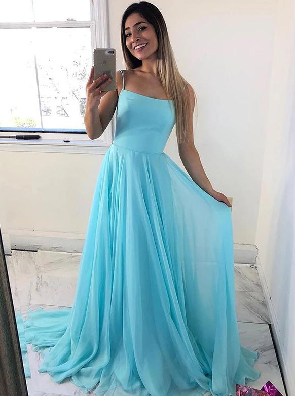 Simple Spaghetti Straps Ice Blue Chiffon Long Prom Dresses