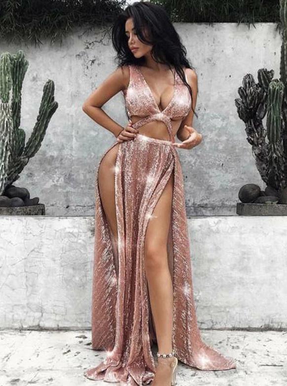 Rose Gold Sequins Long Prom Dresses, Evening Dresses with Split