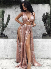 Rose Gold Sequins Long Prom Dresses, Evening Dresses with Split
