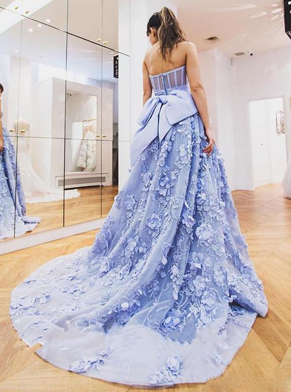 Sweetheart Lace Appliques Prom Dresses, Evening Gowns with Bowknot