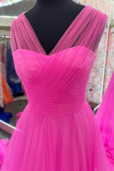 Layers Hot Pink Tulle Long Prom Dresses, Princess Formal Gown