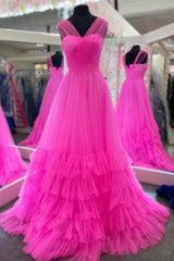 Layers Hot Pink Tulle Long Prom Dresses, Princess Formal Gown