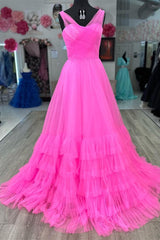 Layers Hot Pink Tulle Long Prom Dresses, Princess Formal Gown