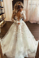 Beautiful Lace Applique Long Sleeve V-Neck Sheer Boho Wedding Dress