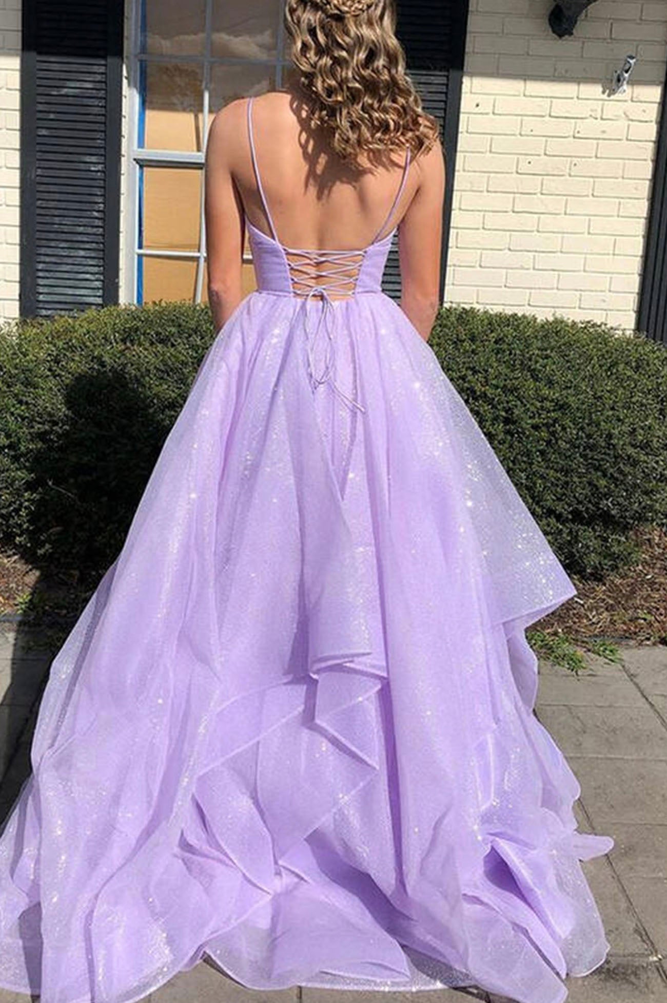 Sparkle Lavender Tiered Long Prom Dresses, Shiny Long Graduation Gown