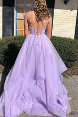 Sparkle Lavender Tiered Long Prom Dresses, Shiny Long Graduation Gown