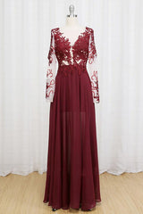 Black Lace Applique Long Sleeve Chiffon Prom Evening Dress
