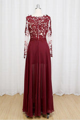 Black Lace Applique Long Sleeve Chiffon Prom Evening Dress