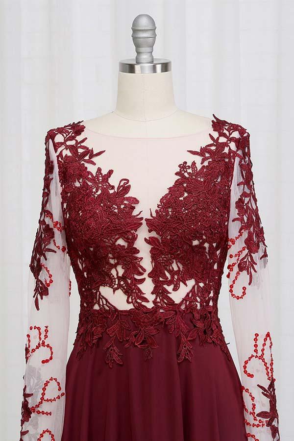Black Lace Applique Long Sleeve Chiffon Prom Evening Dress