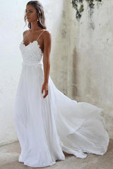 Simple Chiffon Beach Wedding Dresses Backless Wedding Gown with Lace