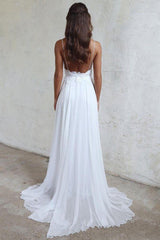 Simple Chiffon Beach Wedding Dresses Backless Wedding Gown with Lace