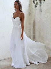 Simple Chiffon Beach Wedding Dresses Backless Wedding Gown with Lace