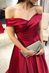 Elegant Off-Shoulder Burgundy Satin Prom Dress with Ruched Bodice