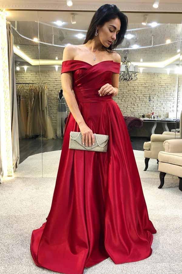 Elegant Off-Shoulder Burgundy Satin Prom Dress with Ruched Bodice