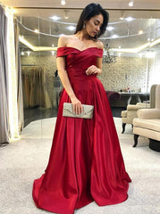 Elegant Off-Shoulder Burgundy Satin Prom Dress with Ruched Bodice