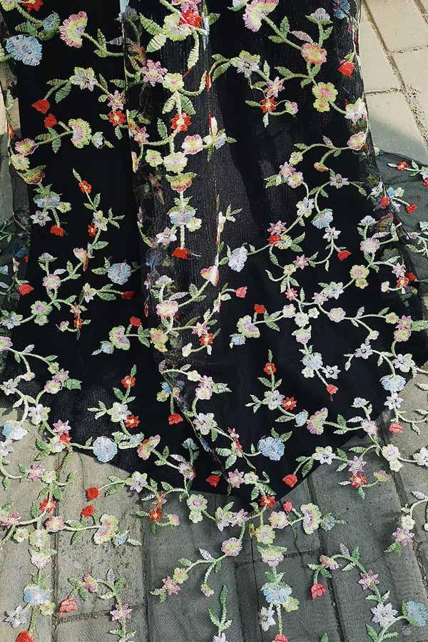 Black Mermaid Prom Dress, Spaghetti Straps with Floral Embroidery