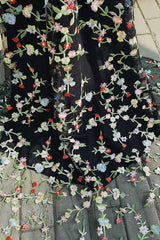 Black Mermaid Prom Dress, Spaghetti Straps with Floral Embroidery