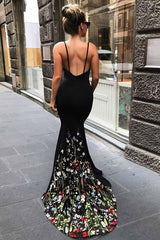 Black Mermaid Prom Dress, Spaghetti Straps with Floral Embroidery