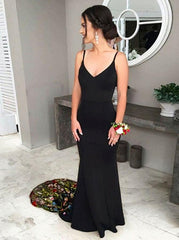 Black Mermaid Prom Dress, Spaghetti Straps with Floral Embroidery