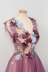Charming 3D Floral Applique Grape Tulle Long Prom Dress, Formal Gown
